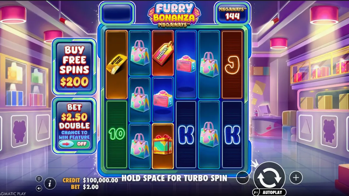 Furry Bonanza Megaways slot machine screen showing colorful bear characters and cascading reels